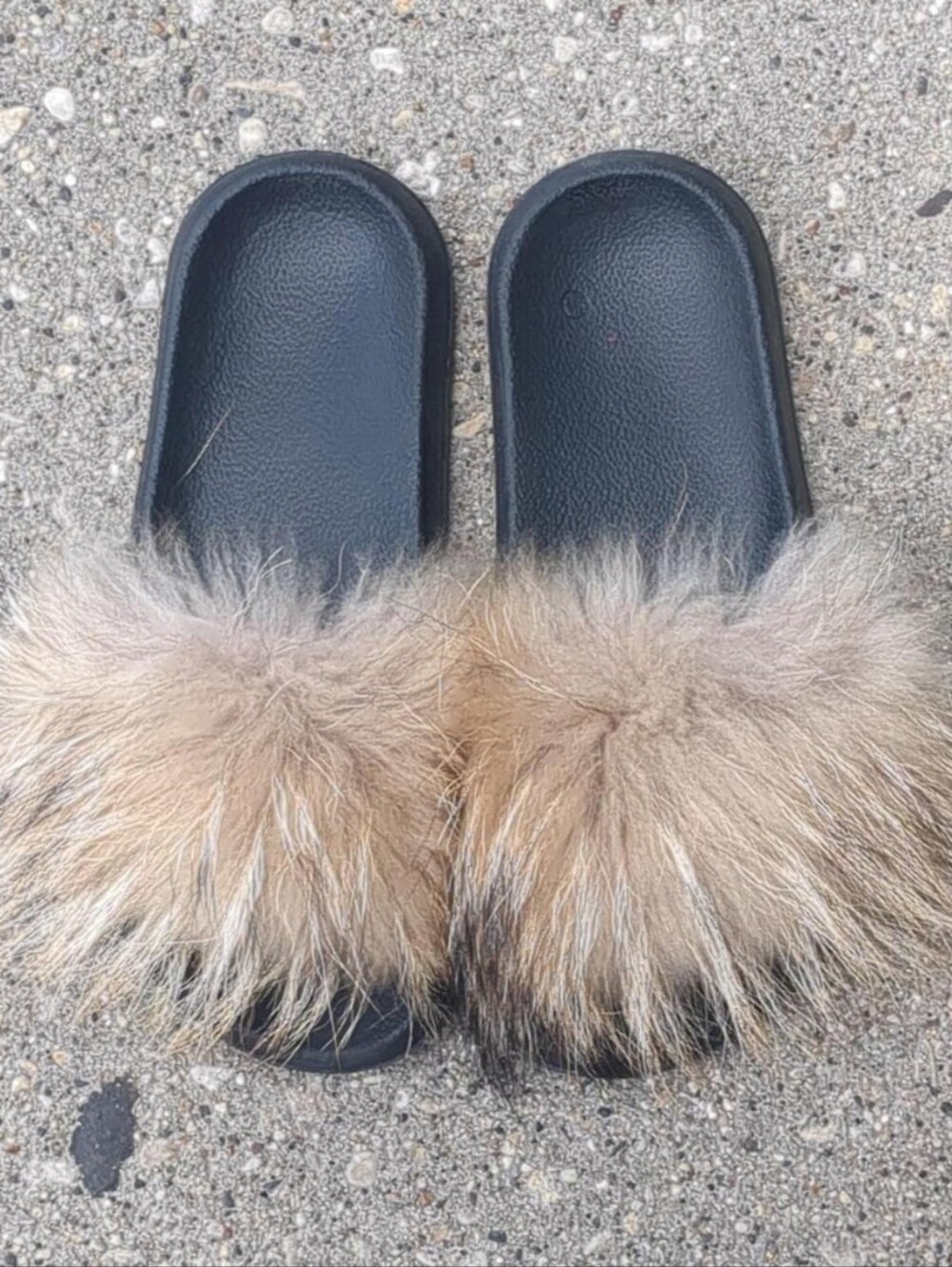 ✨ Luxury Real Raccoon Fur Slides Black Flat Sandals Slippers Cozy Size 8.5